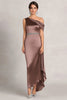 Load image into Gallery viewer, Taupe Sheath One Shoulder Ruched Rhinetones Satin Mother Of the Bride Dress