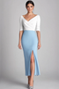 Load image into Gallery viewer, White and Light Blue Mermaid V Neck 1/2 Sleeves Knee Length Mother Of the Brides Dress with Slit