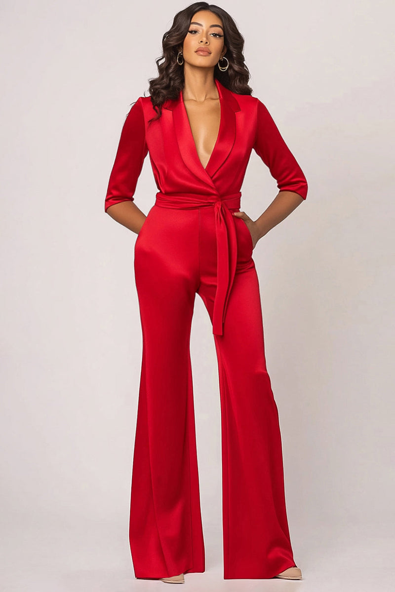 Load image into Gallery viewer, Red Shawl Lapel Long Sleeves Satin Formal Jumpsuits