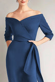 Navy Off the Shoulder Sheath Formal Dress
