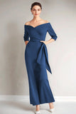 Navy Off the Shoulder Sheath Formal Dress