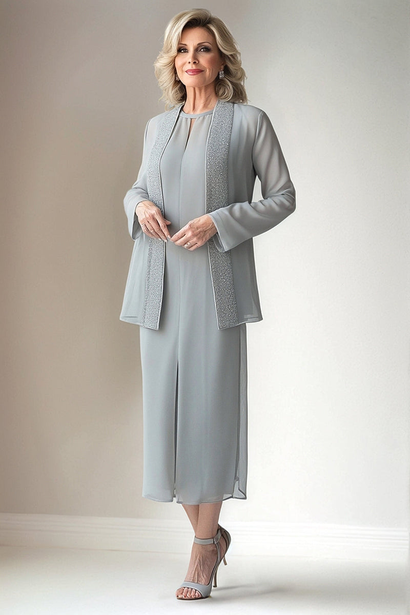 Load image into Gallery viewer, Light Grey Sheath Round Neck 2 Piece Mother of The Bride Dress