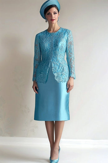 Blue Sheath Long Sleeves 2 Piece Mother of The Bride Dress