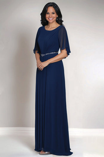 Navy Round Neck Chiffon Mother of the Bride Dress with Short Sleeves