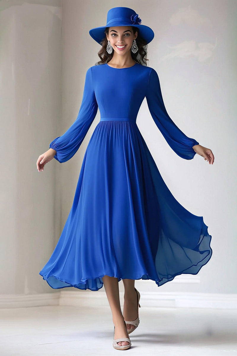 Load image into Gallery viewer, Royal Blue A Line Long Sleeve Round Neck Mother of the Bride Dress