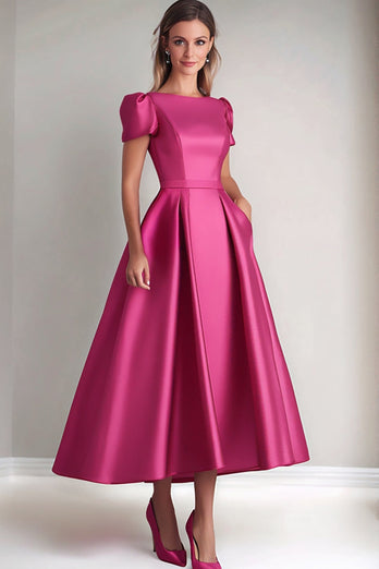 Fuchsia A Line Puff Sleeves Mother of the Bride Dress