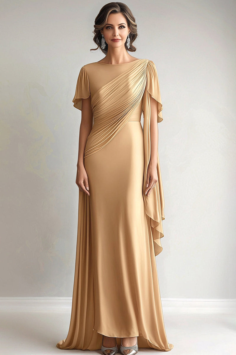 Load image into Gallery viewer, Elegant Golden Ruched Mother of the Bride Dress with Short Sleeves