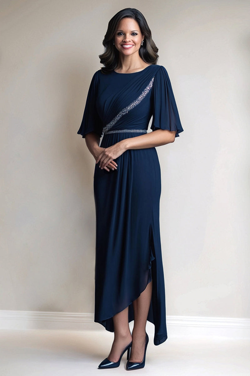 Load image into Gallery viewer, Navy Chiffon Sheath Bell Sleeve Mother of the Bride Dress