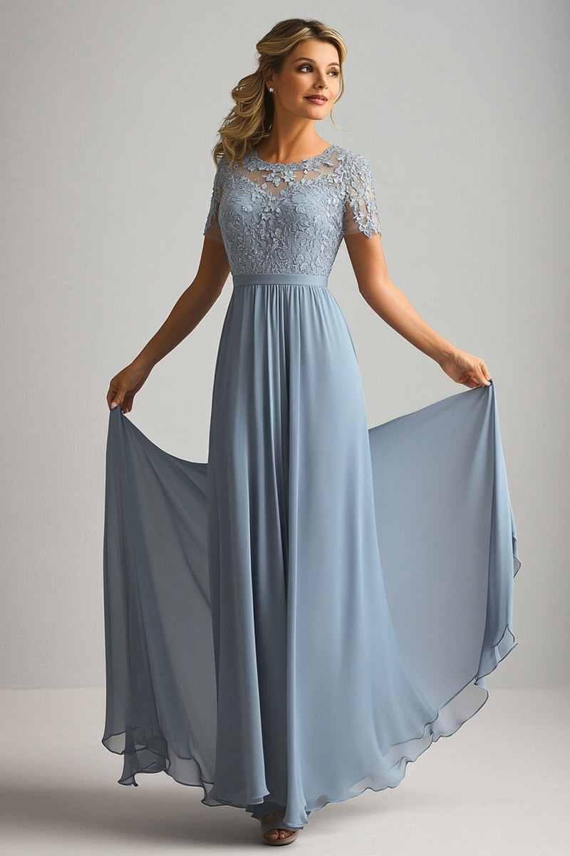 Load image into Gallery viewer, Lace A Line Dusty Blue Chiffon Round Neck Short Sleeves Mother of The Bride Dress