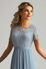 Load image into Gallery viewer, Lace A Line Dusty Blue Chiffon Round Neck Short Sleeves Mother of The Bride Dress