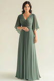 Green A-Line Pleated Chiffon Half Sleeves Long Choir Dress
