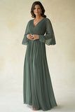 Green A-Line Pleated Chiffon Half Sleeves Long Choir Dress