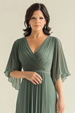 Green A-Line Pleated Chiffon Half Sleeves Long Choir Dress