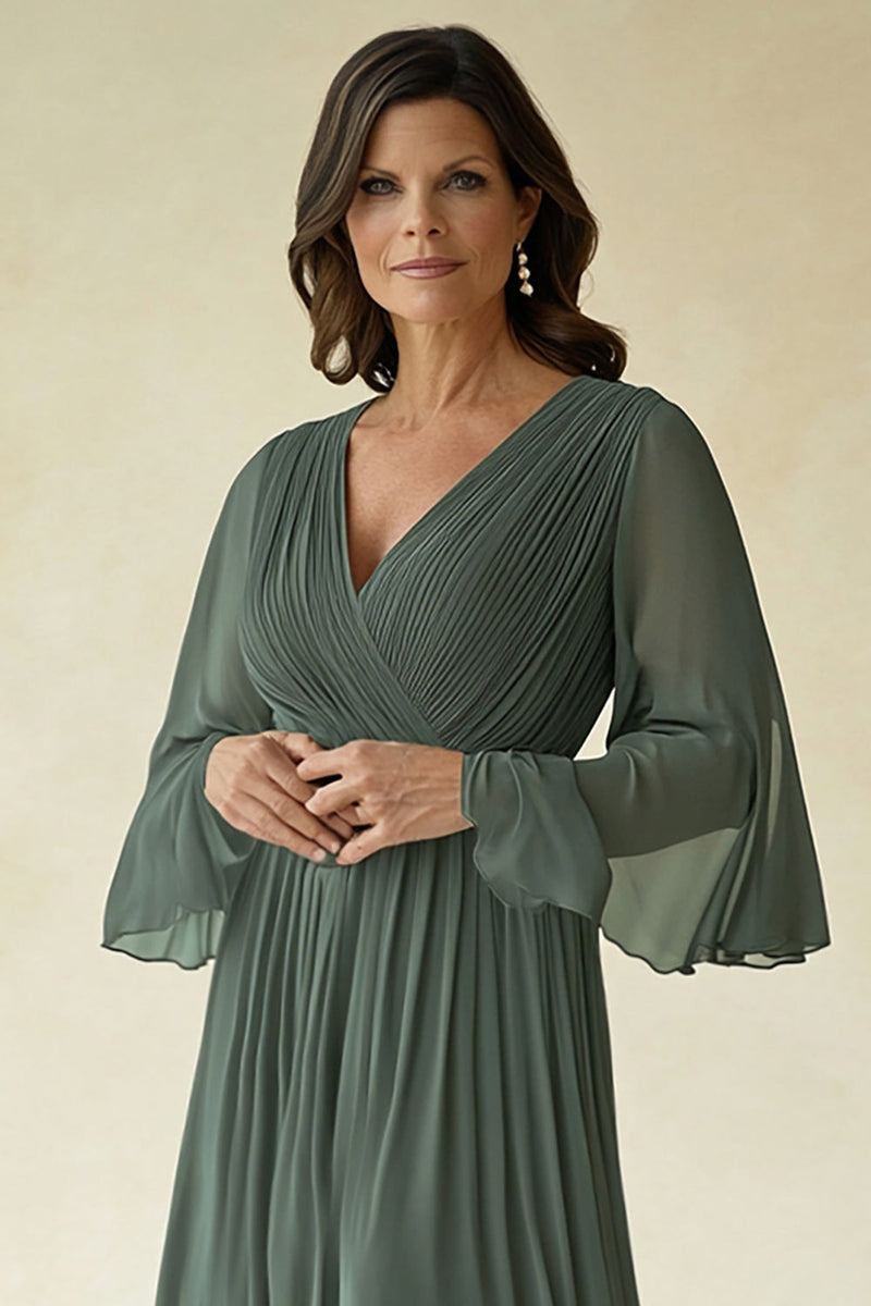 Load image into Gallery viewer, Agave Chiffon Pleated Flare Sleeves V Neck Mother of The Bride Dress