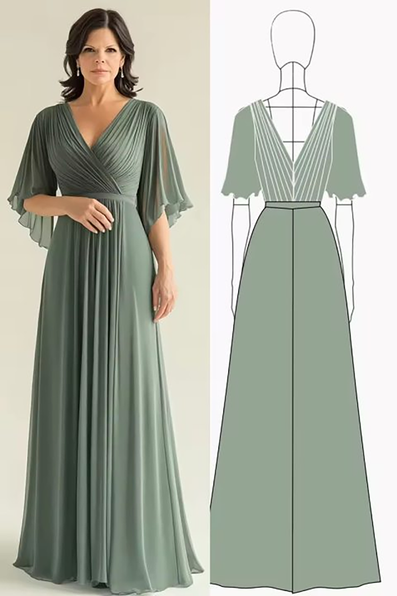 Load image into Gallery viewer, Agave Chiffon Pleated Flare Sleeves V Neck Mother of The Bride Dress