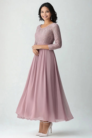 Lace Blush Chiffon Scoop Neck A Line Mother of The Bride Dress