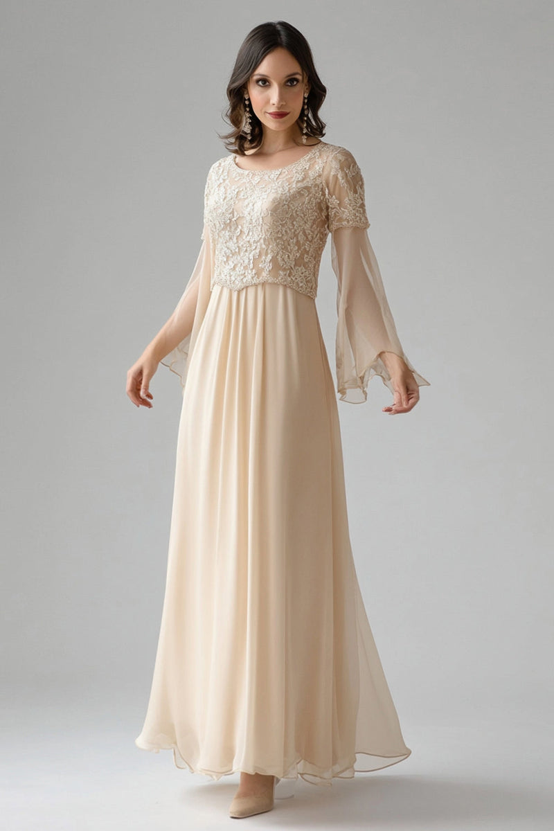 Load image into Gallery viewer, Apricot Lace Flare Sleeves Chiffon Scoop Neck Mother of The Bride Dress