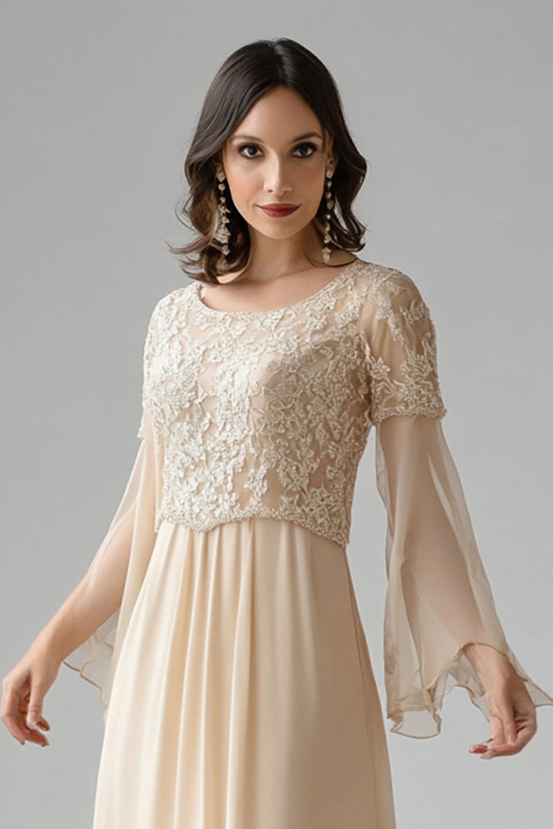 Load image into Gallery viewer, Apricot Lace Flare Sleeves Chiffon Scoop Neck Mother of The Bride Dress