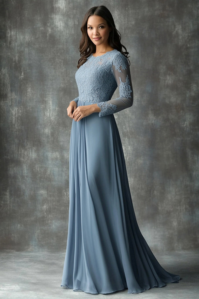 Load image into Gallery viewer, Dusty Blue Appliques Sheath Boat Neck Mother of The Bride Dress