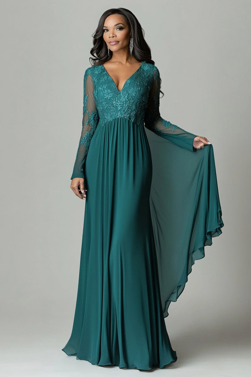 Load image into Gallery viewer, Dark Green Appliques Flare Sleeves V Neck Pleated Sheath Mother of The Bride Dress