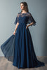 Load image into Gallery viewer, Lace Navy Scoop Neck Ruched A Line Flare Sleeves Mother of The Bride Dress