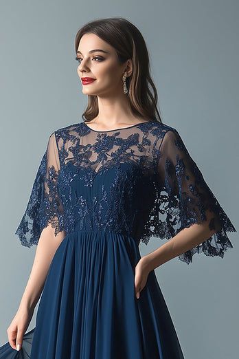 Lace Navy Scoop Neck Ruched A Line Flare Sleeves Mother of The Bride Dress