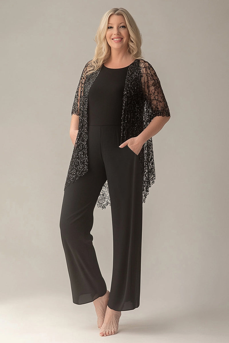 Load image into Gallery viewer, Black Jumpsuit Lace Square Neck Sleeveless Mother of Bride Pant Suits