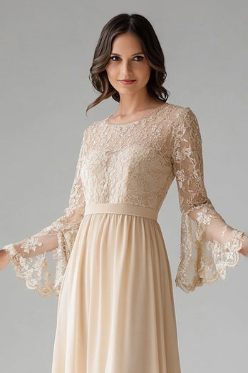 Apricot Chiffon Scoop Neck Flare Sleeves A Line Lace Mother of The Bride Dress