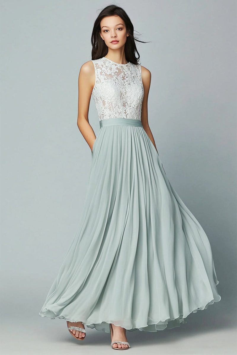 Load image into Gallery viewer, Dusty Sage Lace Chiffon A Line Bridesmaid Dress