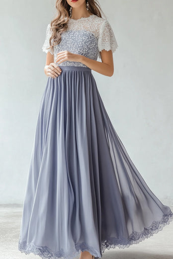 Dusty Blue A Line Lace Chiffon Bridesmaid Dress With Short Sleeves