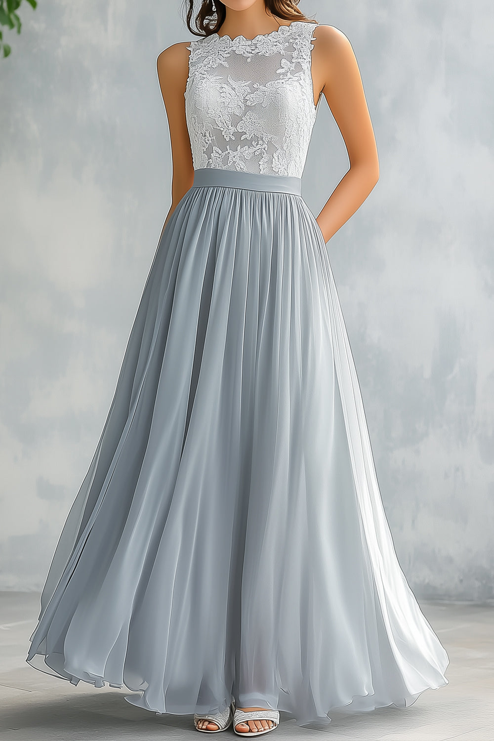 Light Grey A Line Lace Chiffon Long Bridesmaid Dress