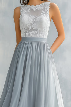 Light Grey A Line Lace Chiffon Long Bridesmaid Dress