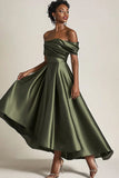 Off the Shoulder Olive A-Line Ruched Satin Ankle Length Mother of the Bride Dress