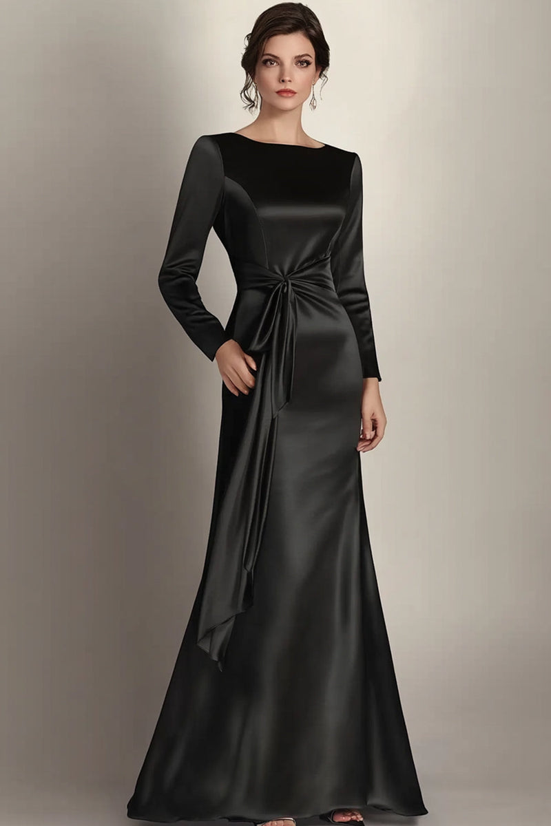 Load image into Gallery viewer, Black Mermaid Long Sleeves Satin Ruched Long Mother of the Bride Dress