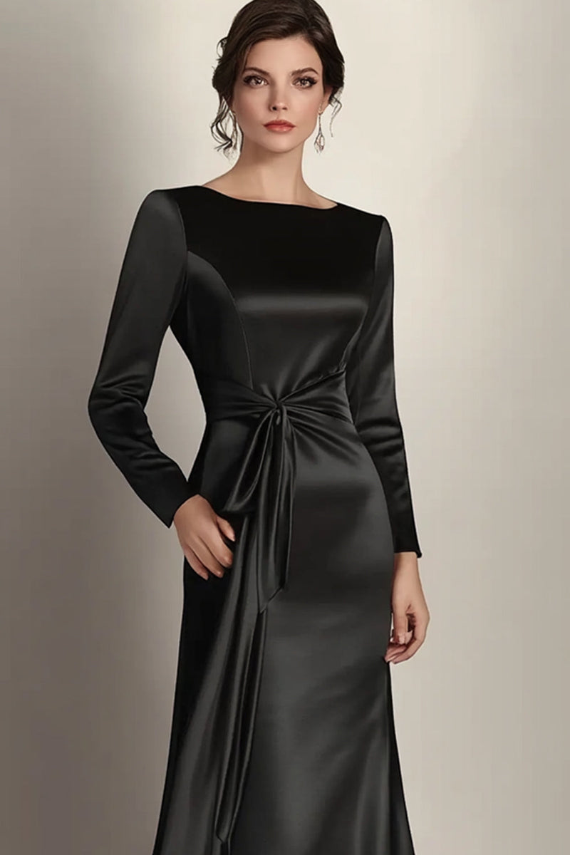 Load image into Gallery viewer, Black Mermaid Long Sleeves Satin Ruched Long Mother of the Bride Dress