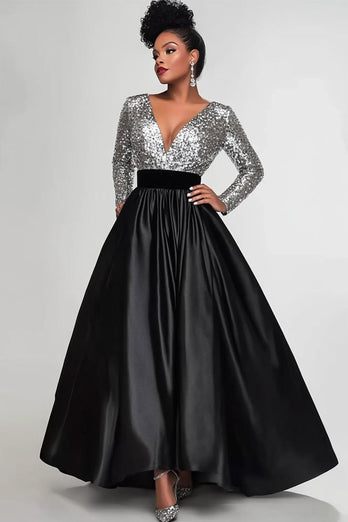 Sparkly Black Silver A-Line Long Sleeves Sequins Top Long Mother of the Bride Dress