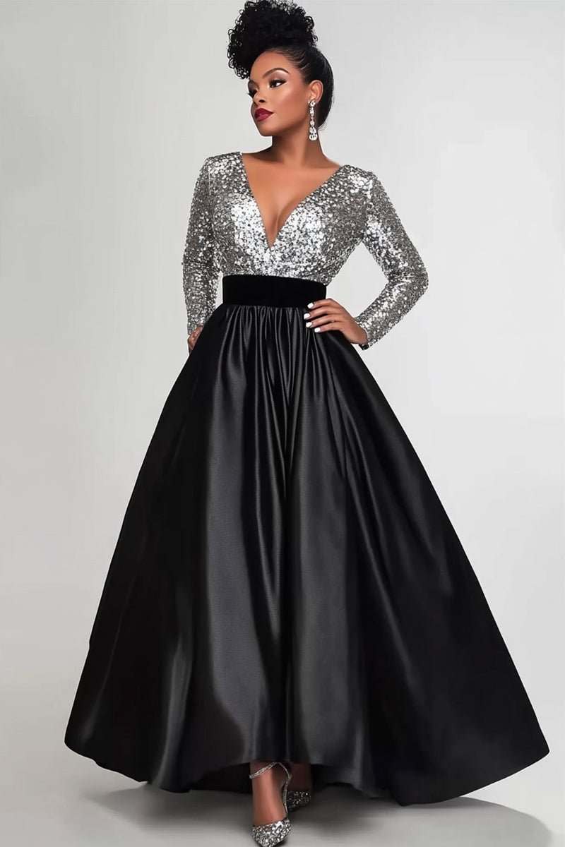 Load image into Gallery viewer, Sparkly Black Silver A-Line Long Sleeves Sequins Top Long Mother of the Bride Dress