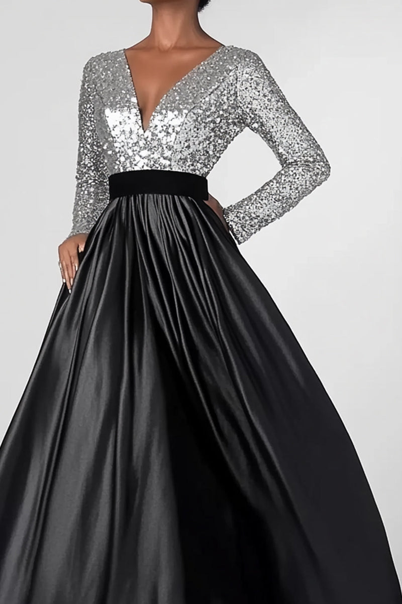 Load image into Gallery viewer, Sparkly Black Silver A-Line Long Sleeves Sequins Top Long Mother of the Bride Dress