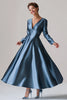 Load image into Gallery viewer, Blue A-Line V Neck Long Sleeves Satin Long Mother Of The Bride Dress