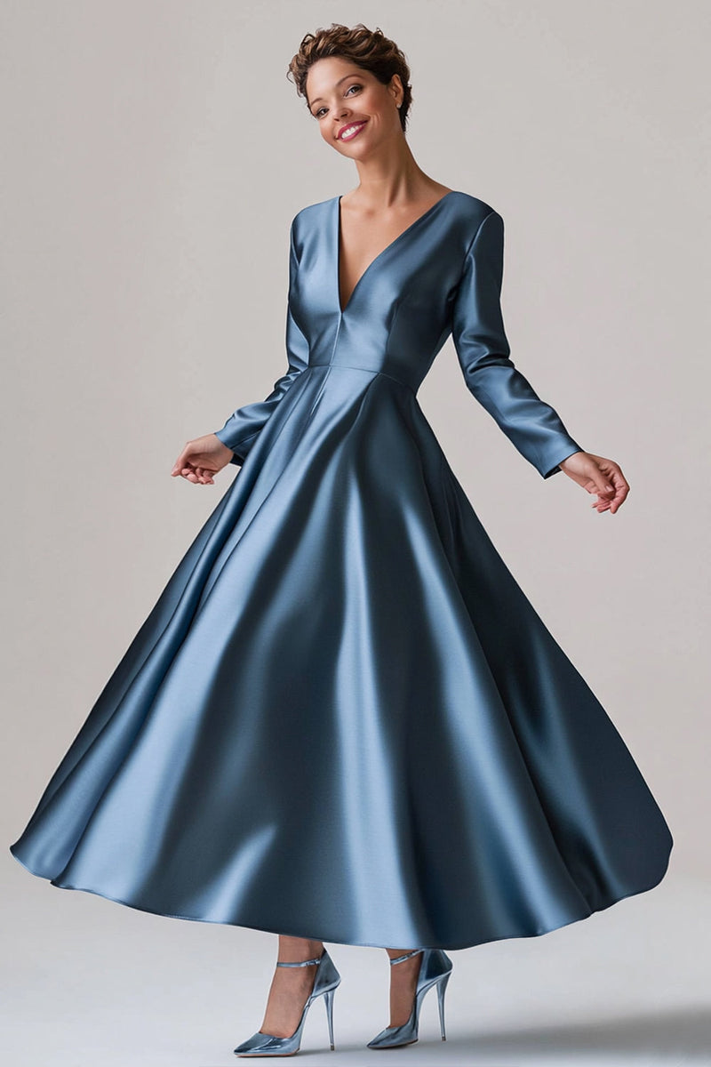 Load image into Gallery viewer, Blue A-Line V Neck Long Sleeves Satin Long Mother Of The Bride Dress