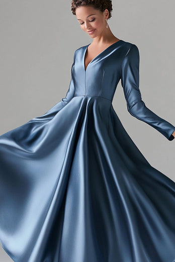 Blue A-Line V Neck Long Sleeves Satin Long Mother Of The Bride Dress