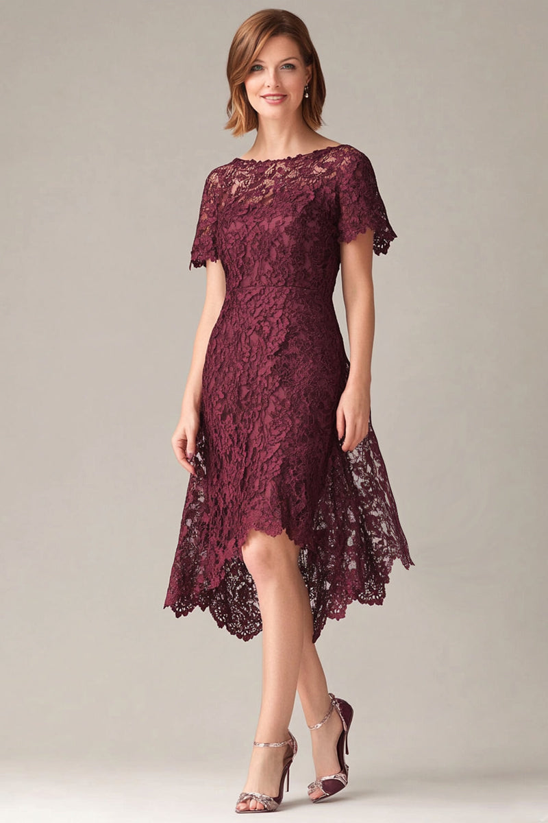 Load image into Gallery viewer, Burgundy Sheath Lace Short Sleeves Hi-Low Mother of the Bride Dress