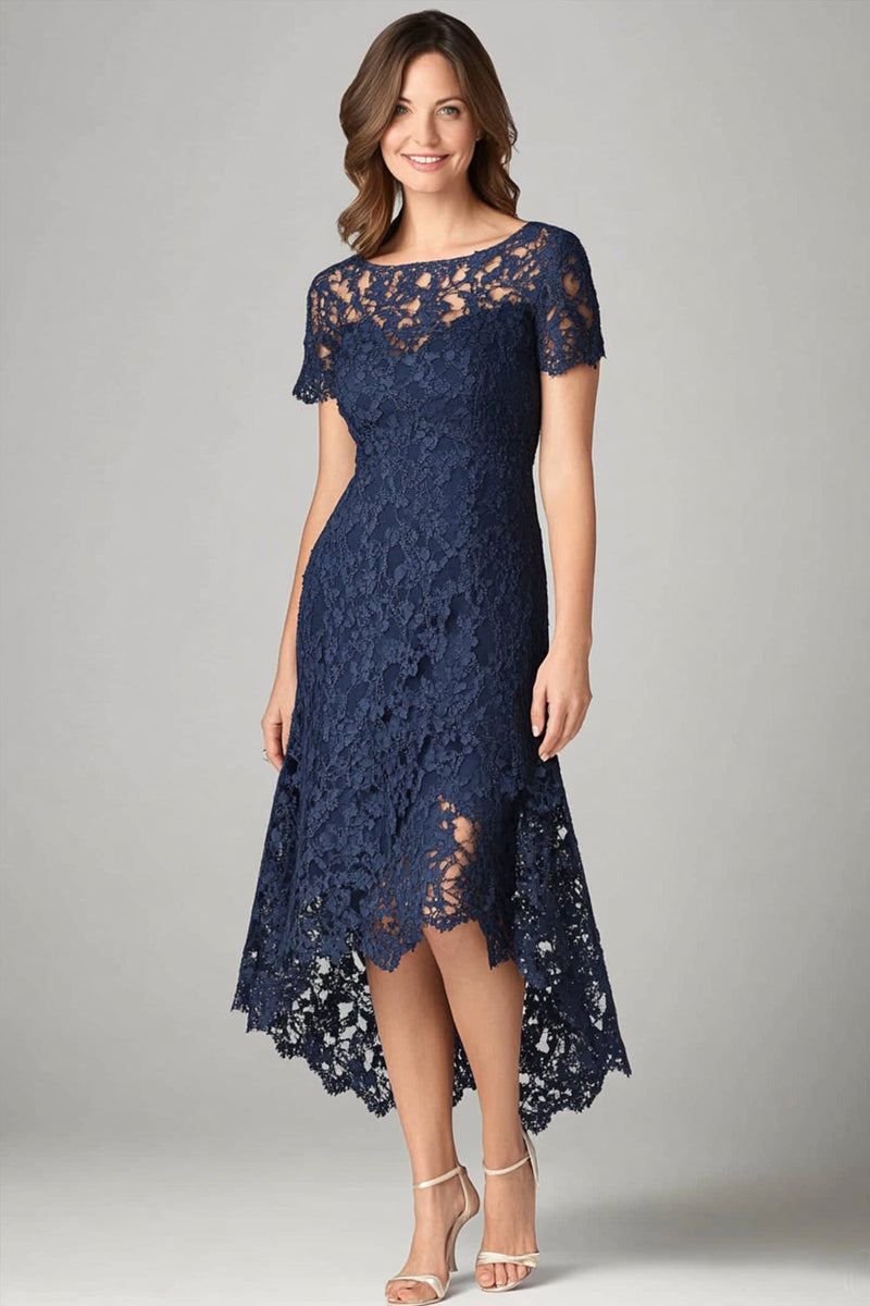 Load image into Gallery viewer, Burgundy Sheath Lace Short Sleeves Hi-Low Mother of the Bride Dress