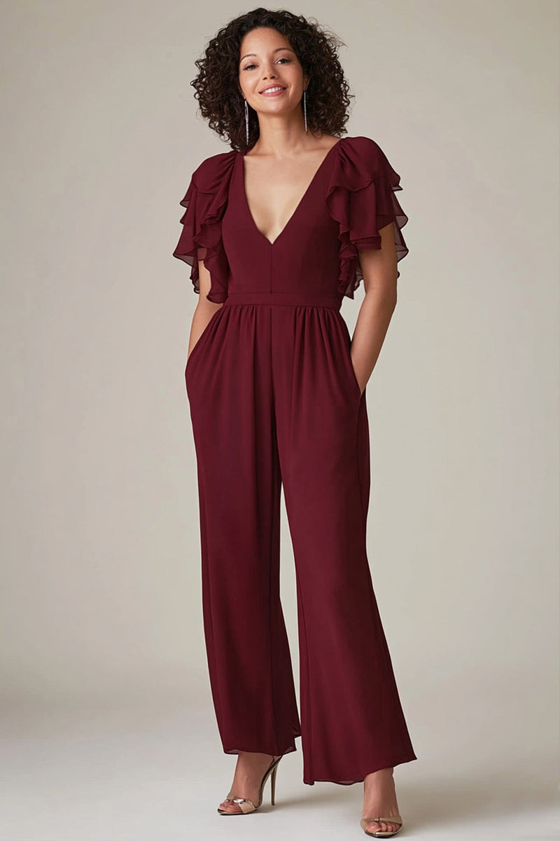 Load image into Gallery viewer, Burgundy Ruffled Sleeves Chiffon Mother Jumpsuit