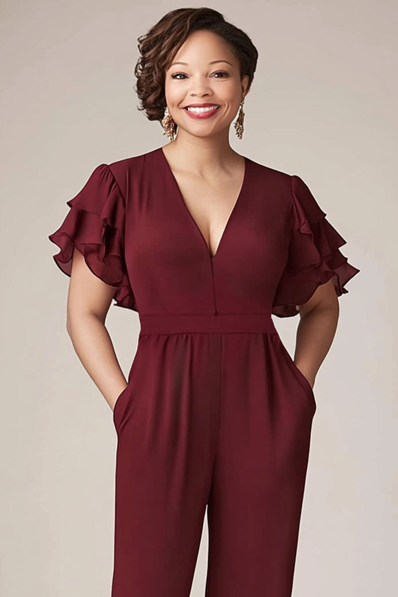 Load image into Gallery viewer, Burgundy Ruffled Sleeves Chiffon Mother Jumpsuit