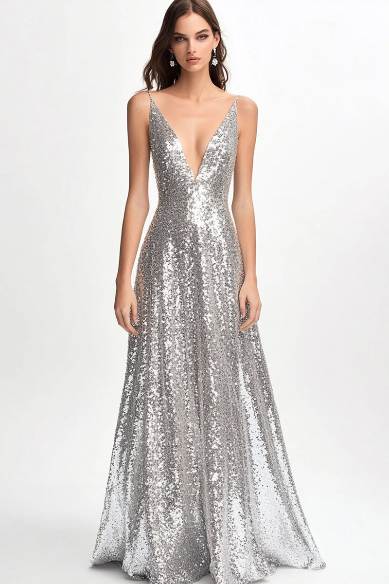 Load image into Gallery viewer, Sparkly V Neck Silver Sequined A Line Formal Dress