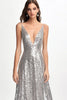 Load image into Gallery viewer, Sparkly V Neck Silver Sequined A Line Formal Dress