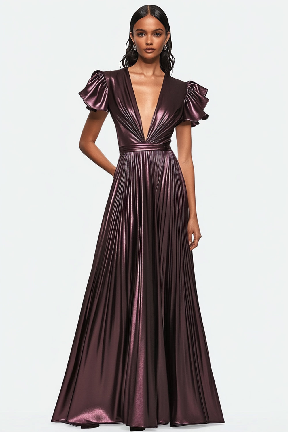 Dusty Purple V-neck Pleated Metallic Satin Formal Dress