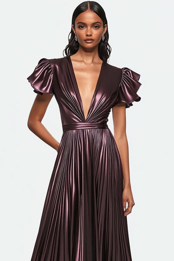 Dusty Purple V-neck Pleated Metallic Satin Formal Dress