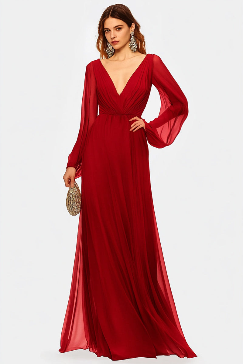 Load image into Gallery viewer, Red V-Neck Chiffon Mother Of the Bride Dress with Long Sleeves